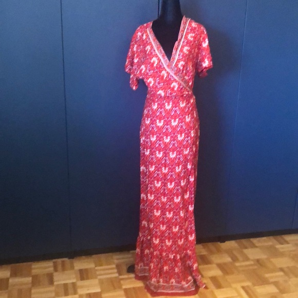 Red patterned boho wrap v neck maxi split dress - Picture 7 of 15